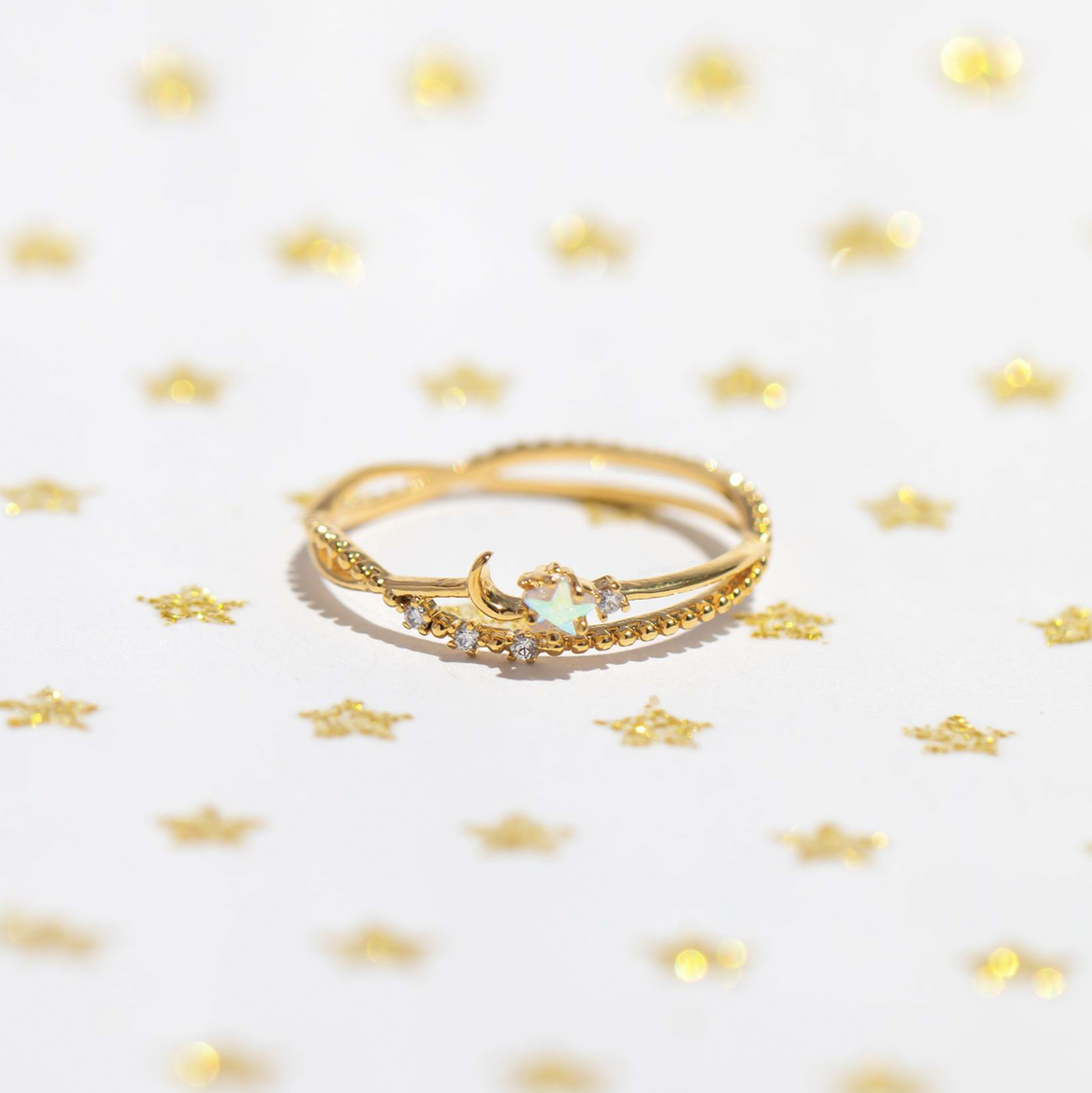 18K Coquette Double Layers Moon Star Ring