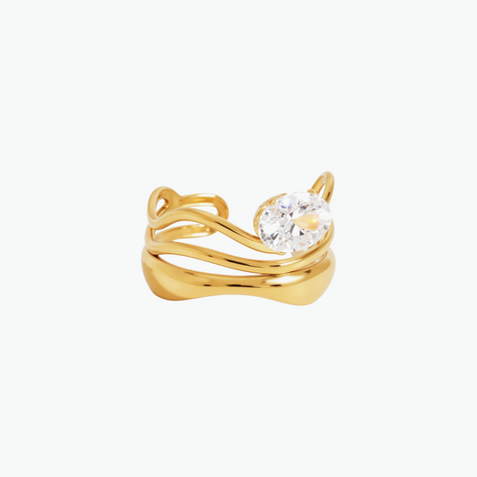Gold Sculptural Wave Crystal Ring