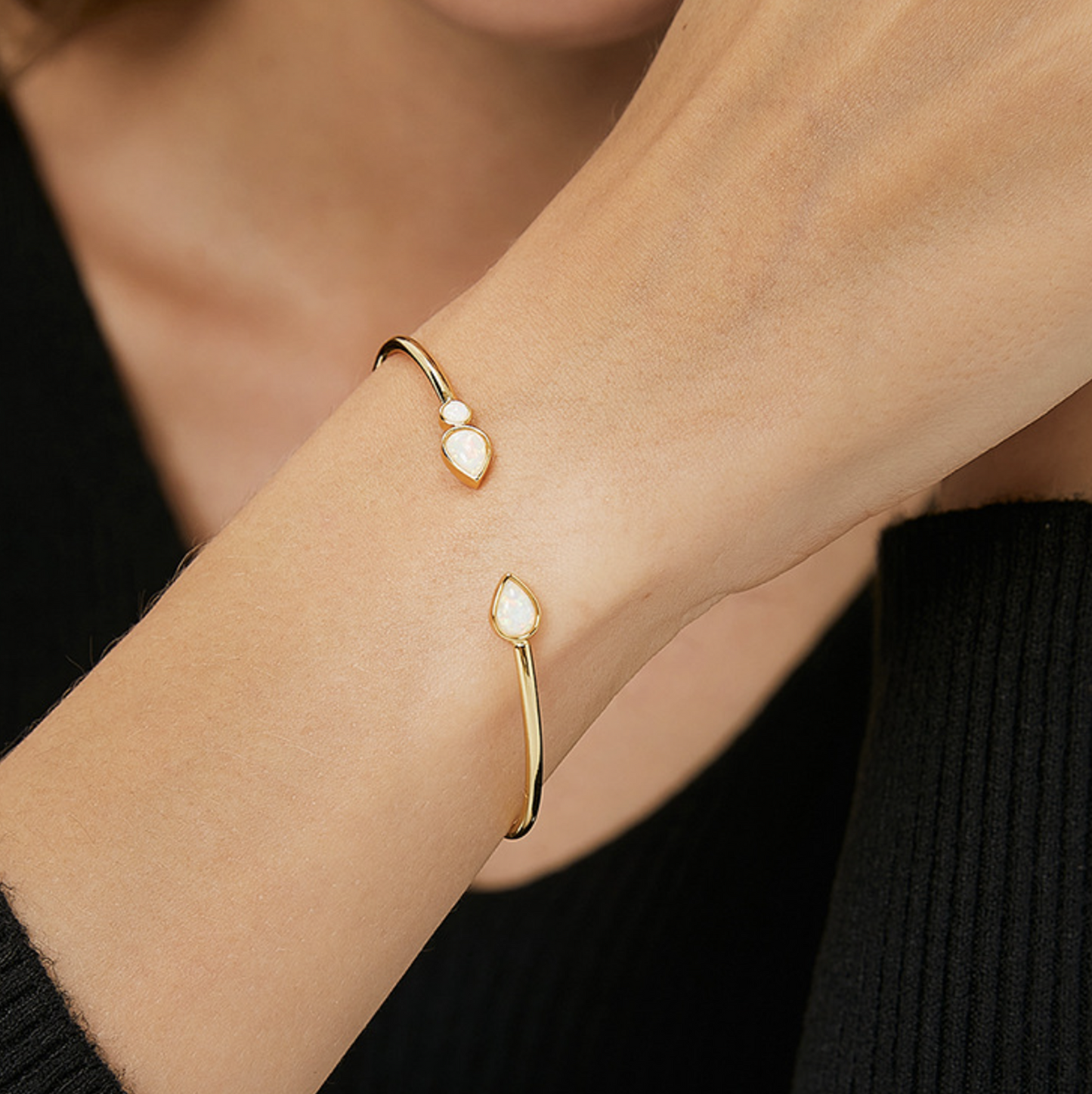 Teardrop Opal Stones Gold Open Cuff Bracelet