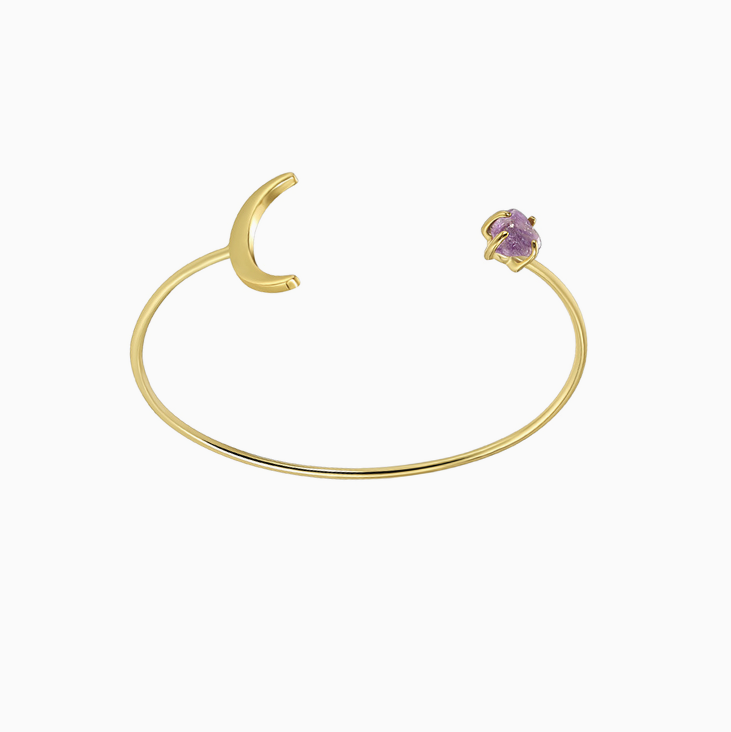 Gold Crescent Moon and Amethyst Open Cuff Bracelet