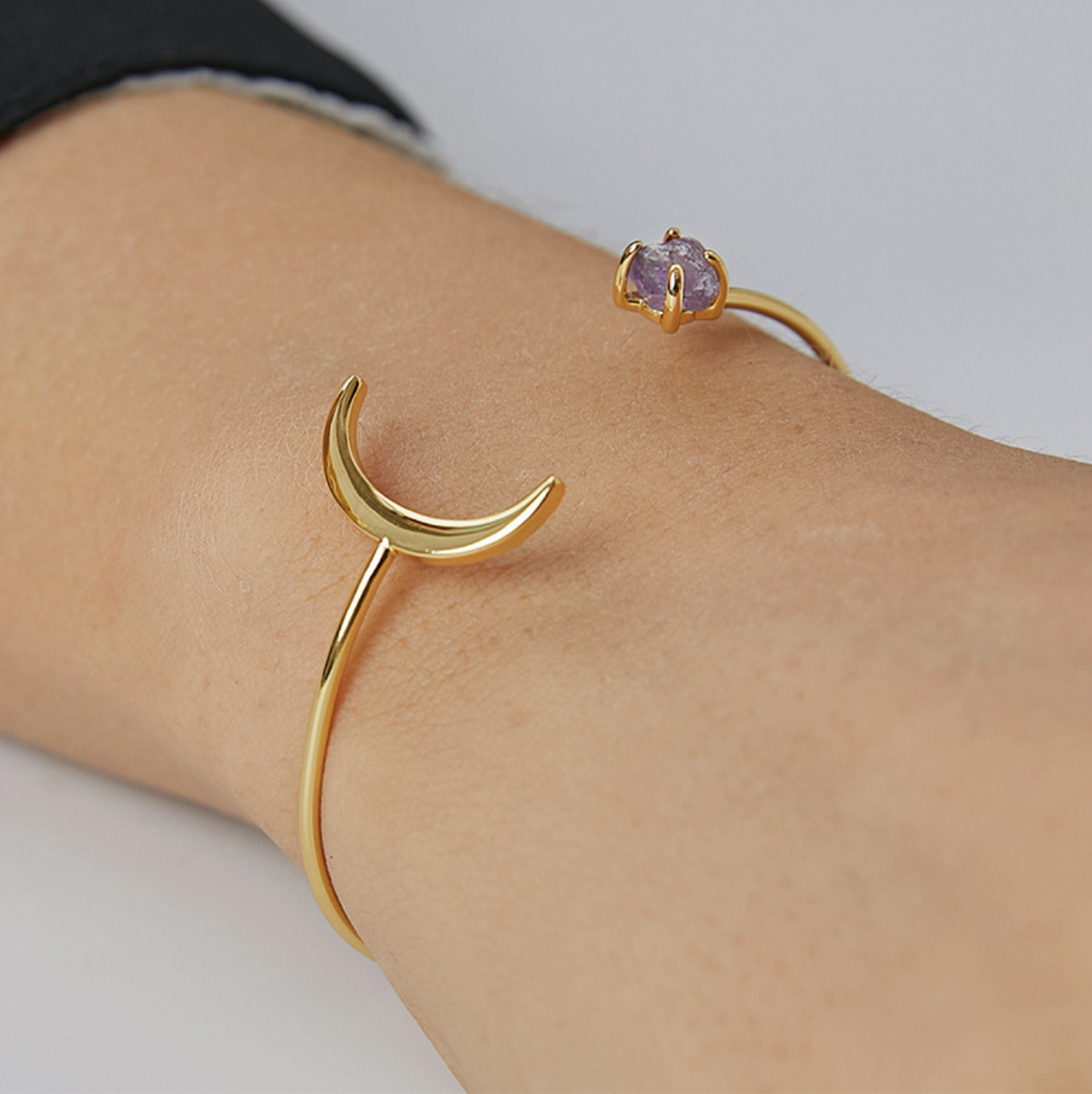 Gold Crescent Moon and Amethyst Open Cuff Bracelet