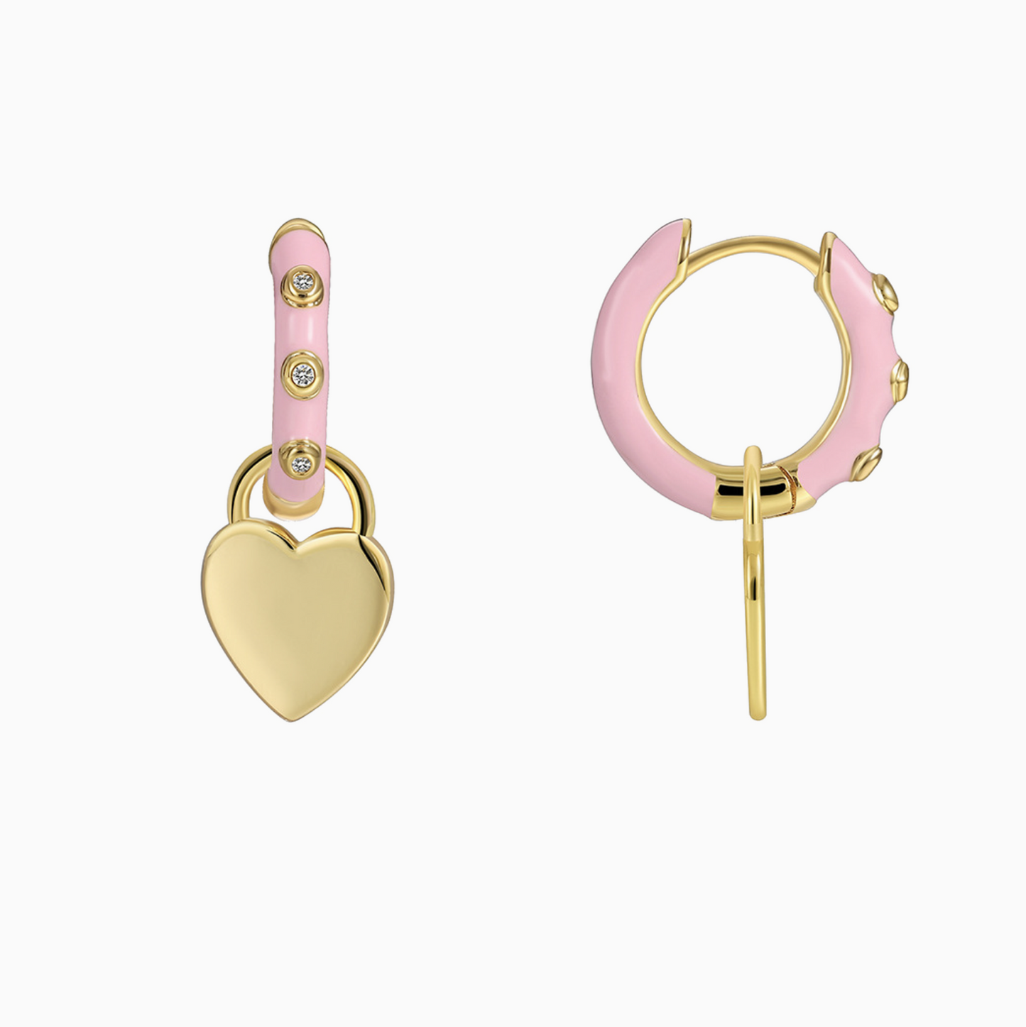 Coquette Pink Enamel Heart Charm Gold Hoop Earrings