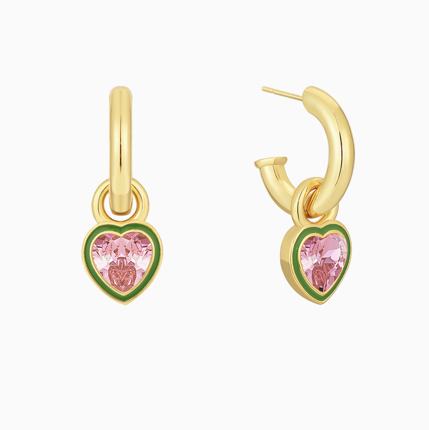 Retro Pink Heart with Green Accents Hoops Earrings