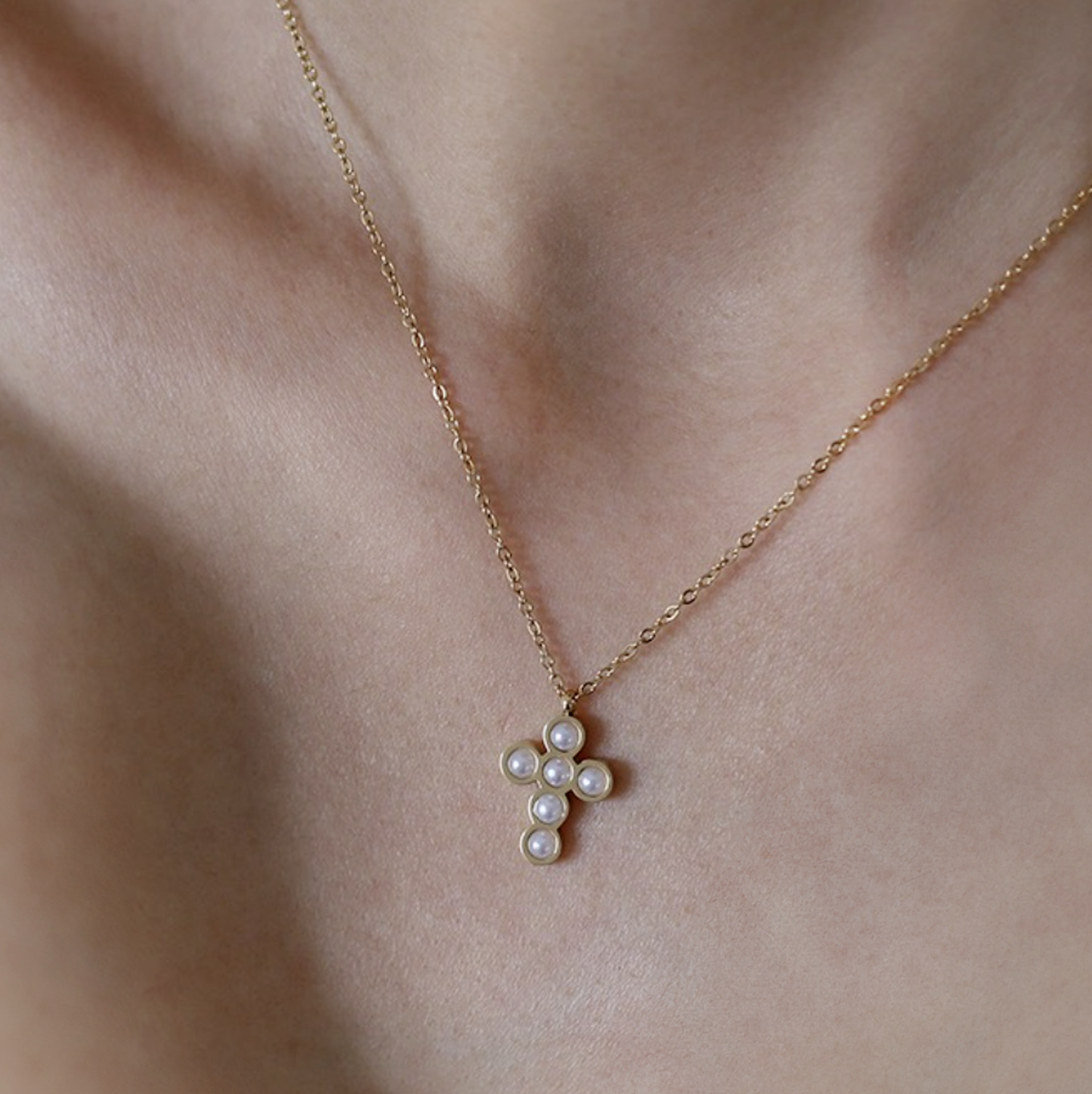 Coquette Gold Pearl Cross Necklace