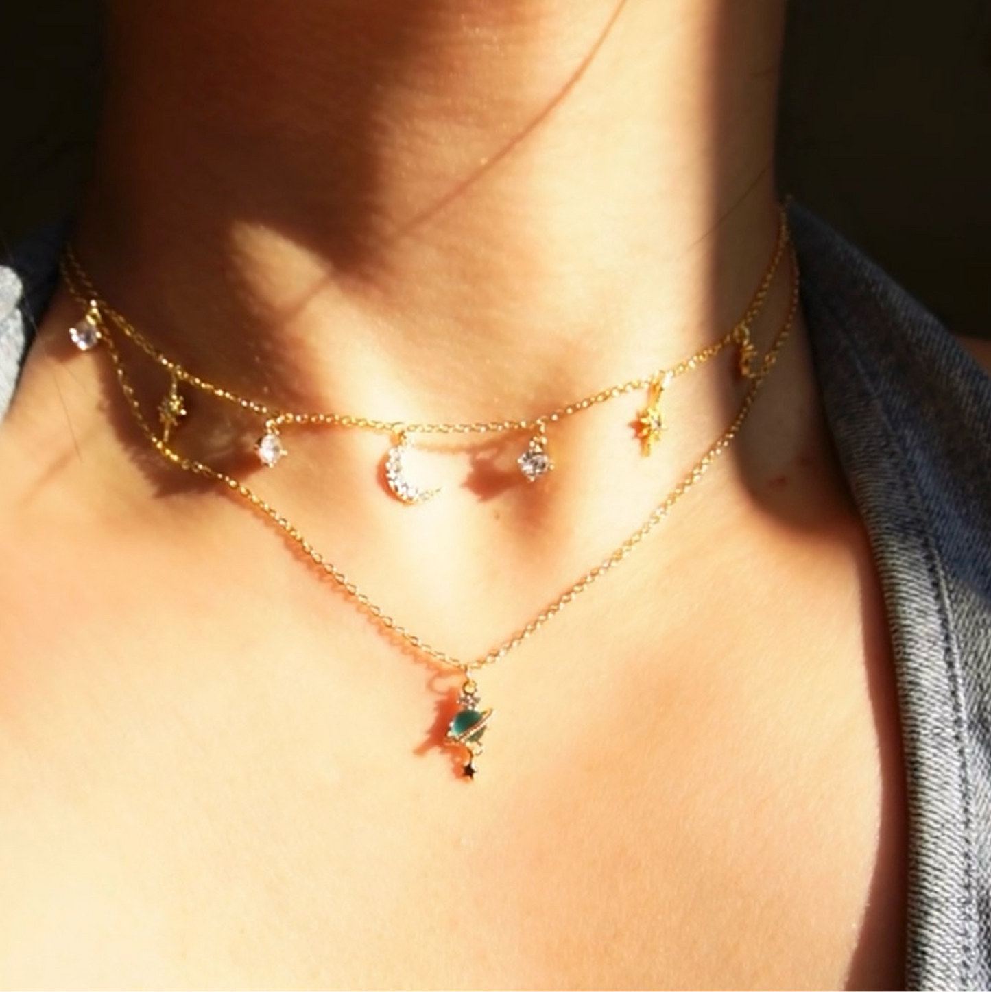 18k Moon Star Gold Stack Necklace