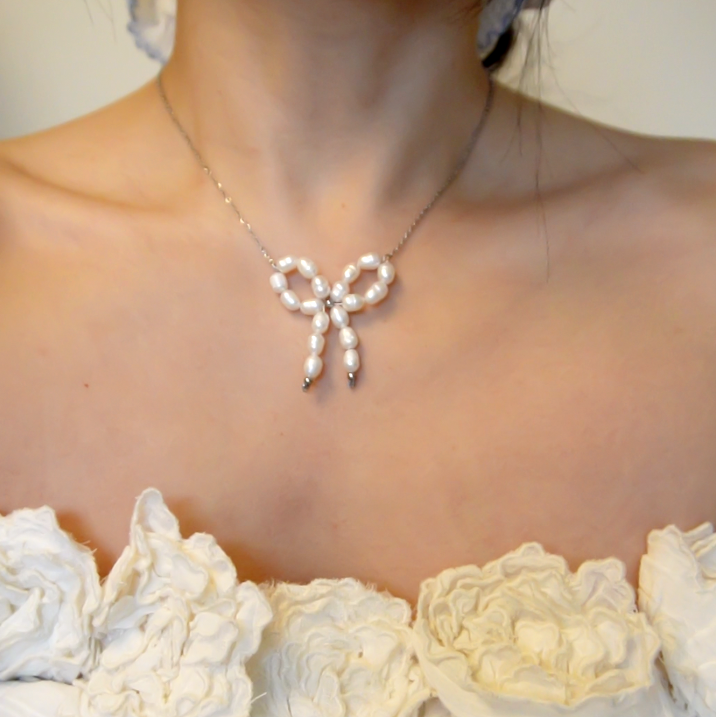 Coquette Silver Water Pearl Bow Necklace