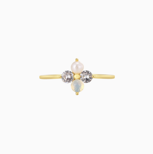 18K Gold Pearl Dainty Clover Stack Ring