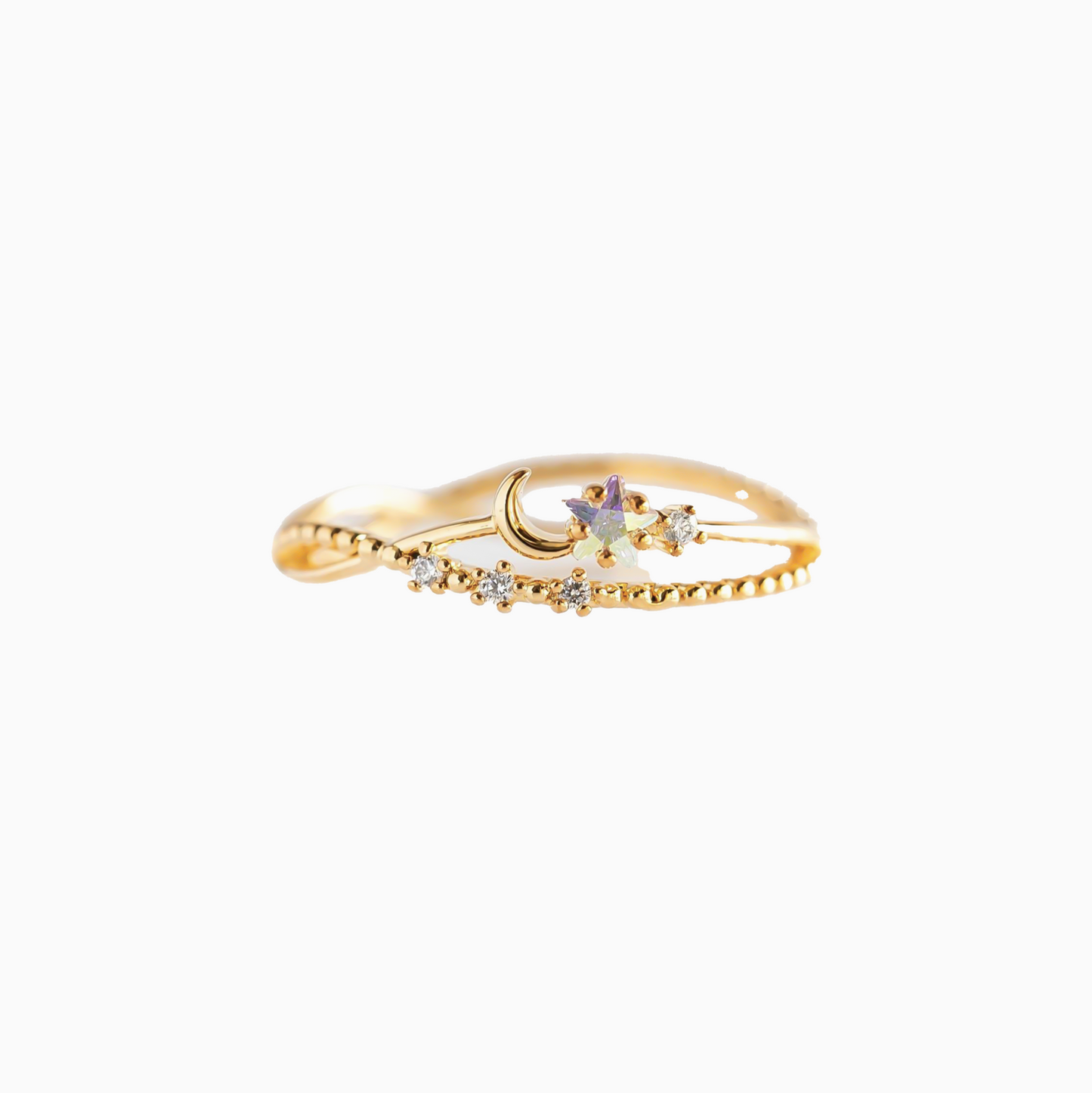 18K Coquette Double Layers Moon Star Ring