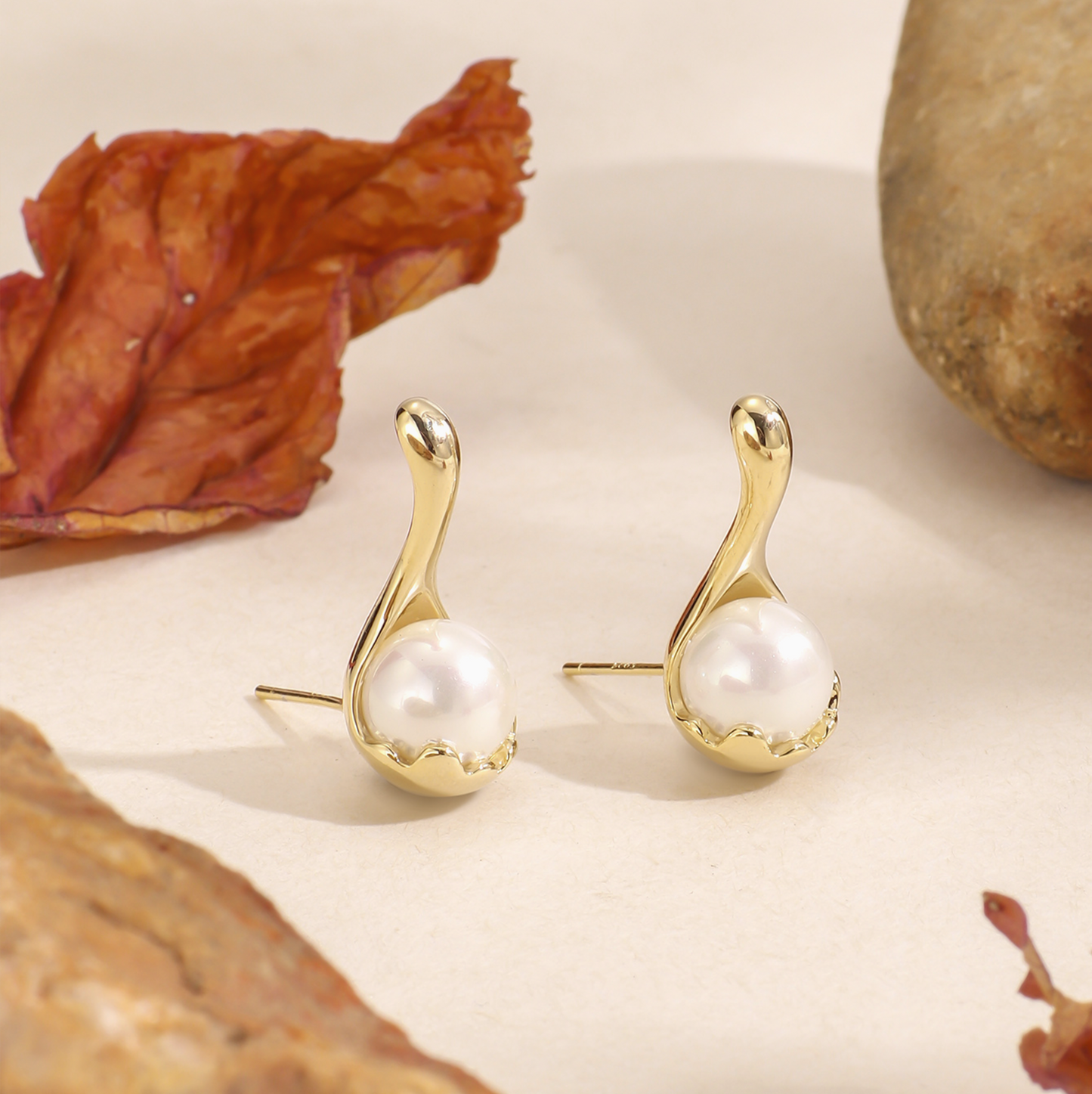 Yellow Gold Delicate Spoon Pearl Earrings