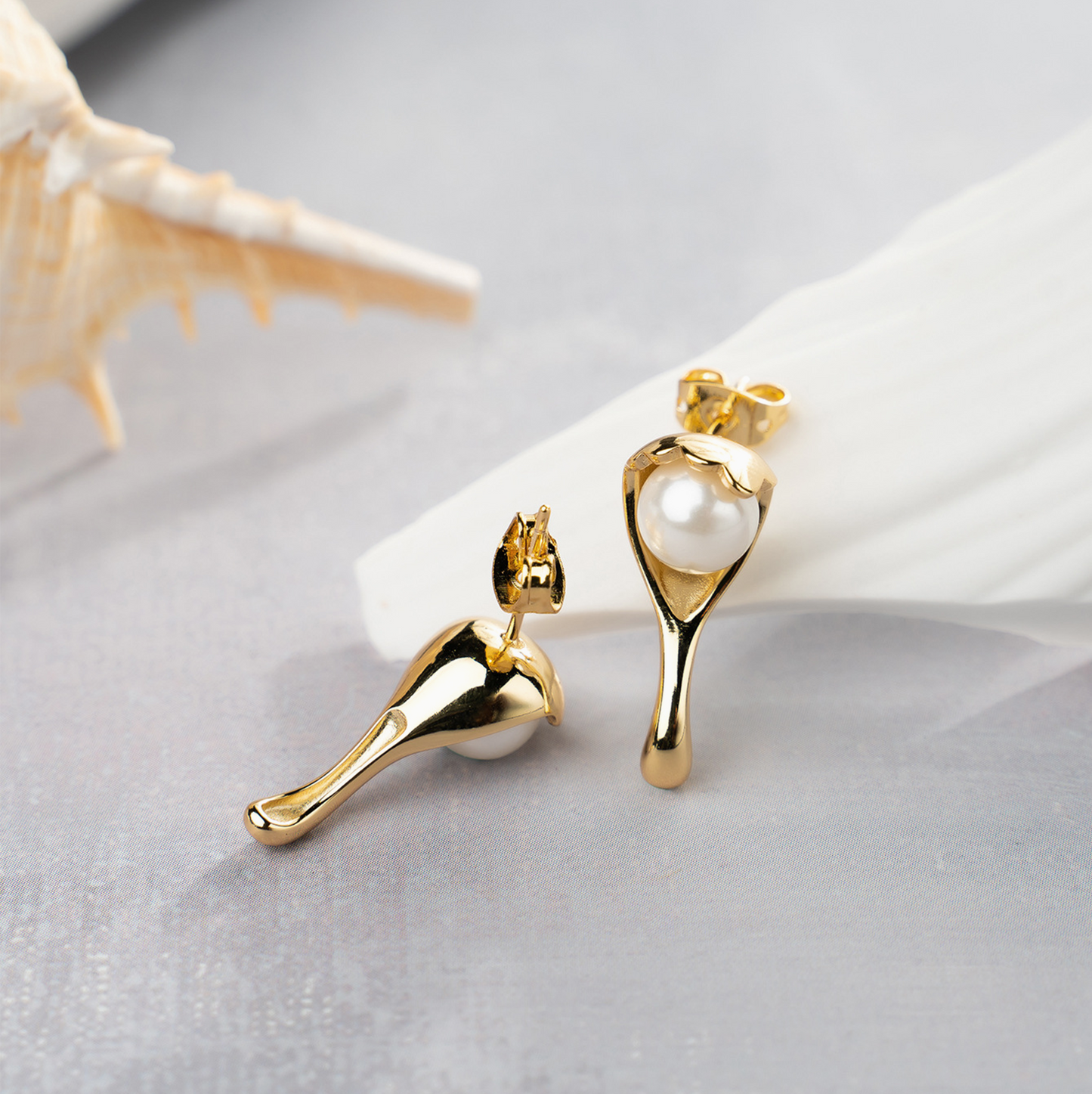 Yellow Gold Delicate Spoon Pearl Earrings