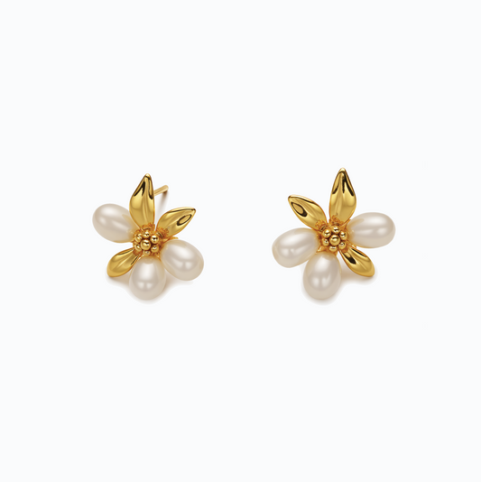 18k Dainty Freshwater Pearl Flower Earrings