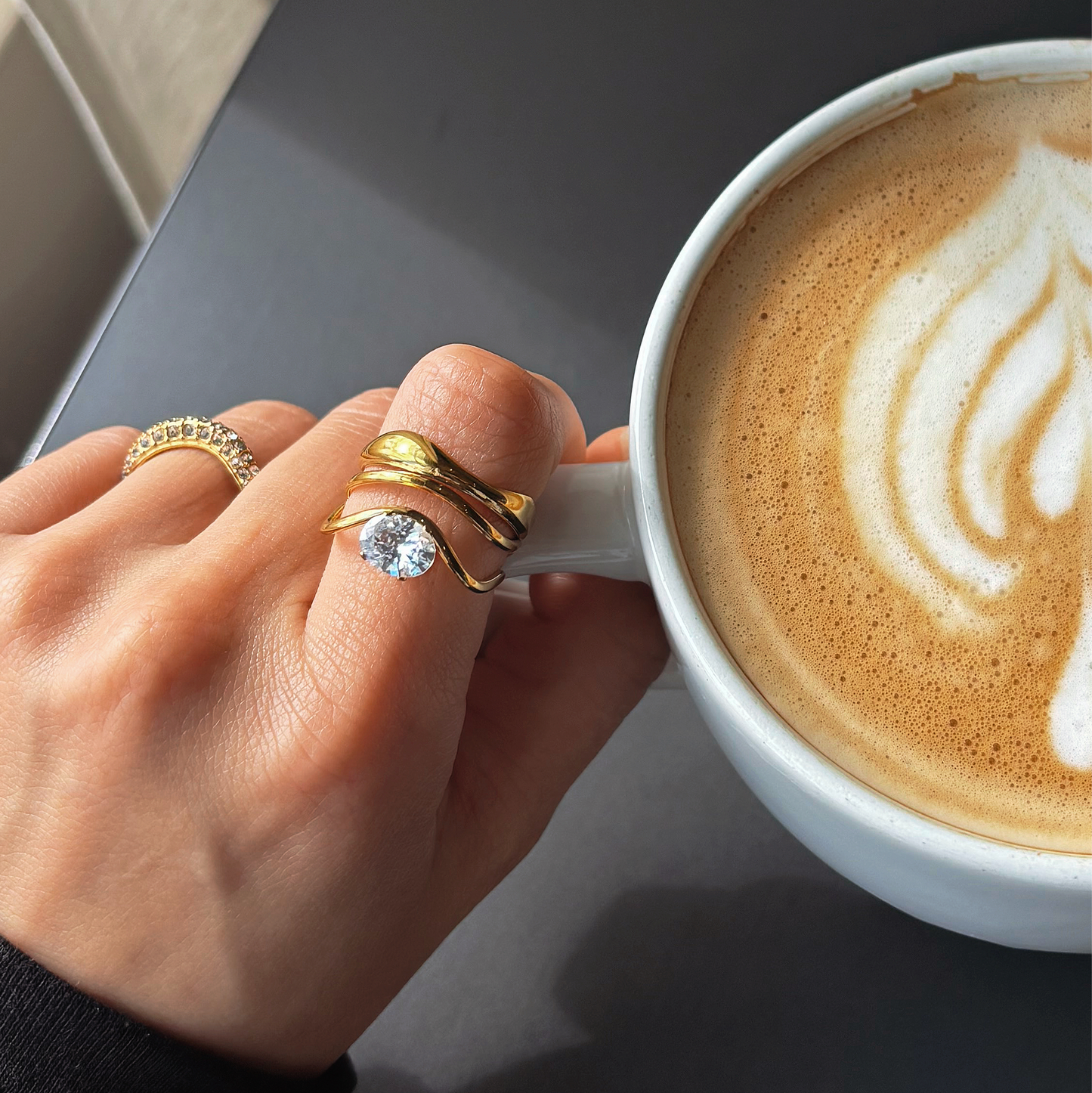 Gold Sculptural Wave Crystal Ring