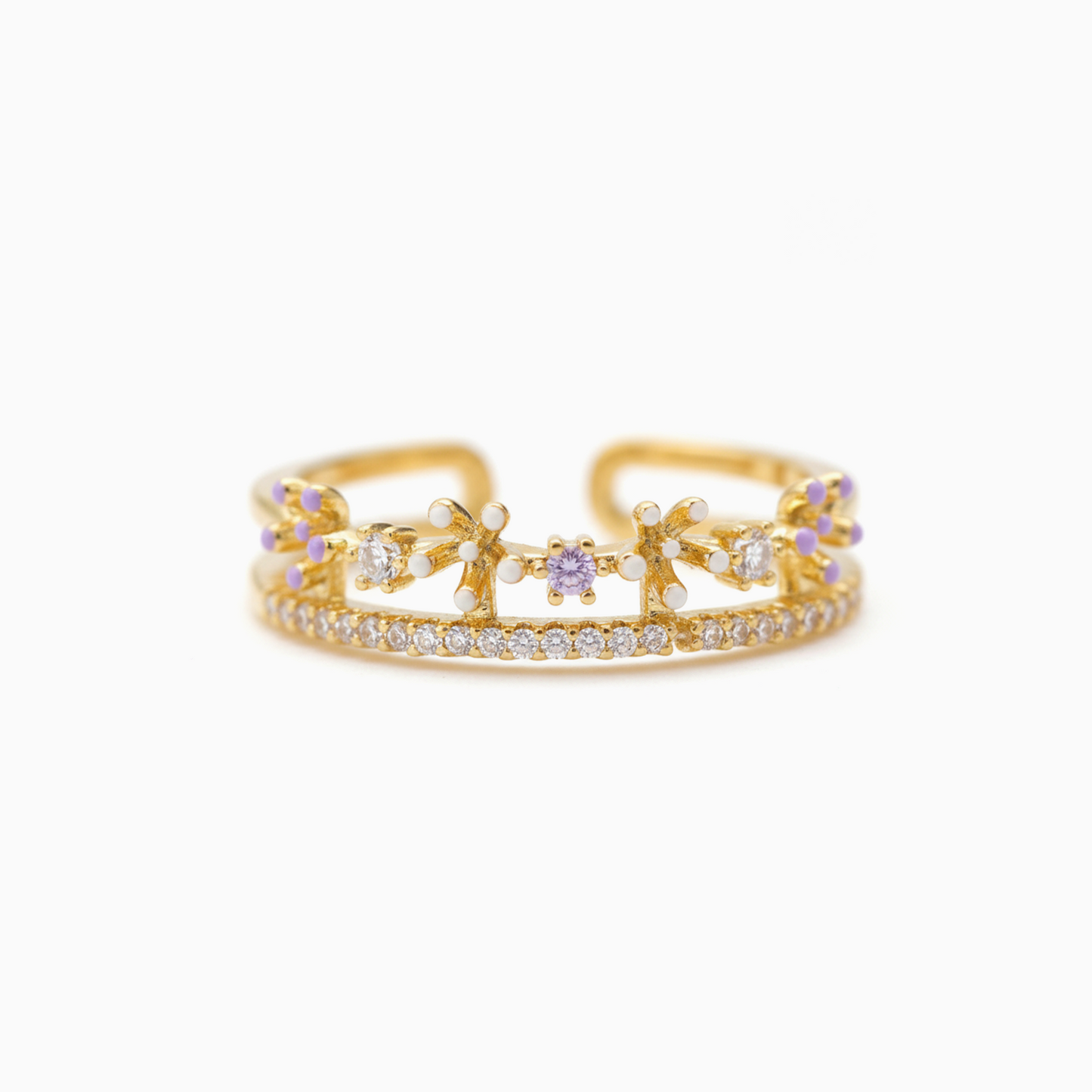 Dainty Gold Floral  Purple Crystals Crown Ring