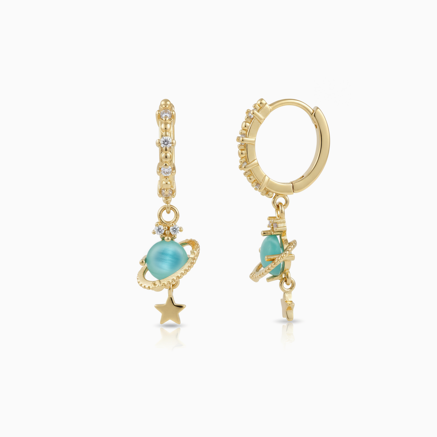 Celestial Planet & Star Gold Huggie Drop Earrings