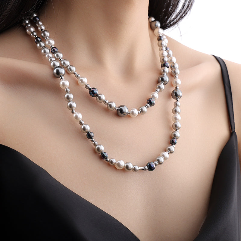 Long Silver Gold-plated Gray Pearl Necklace