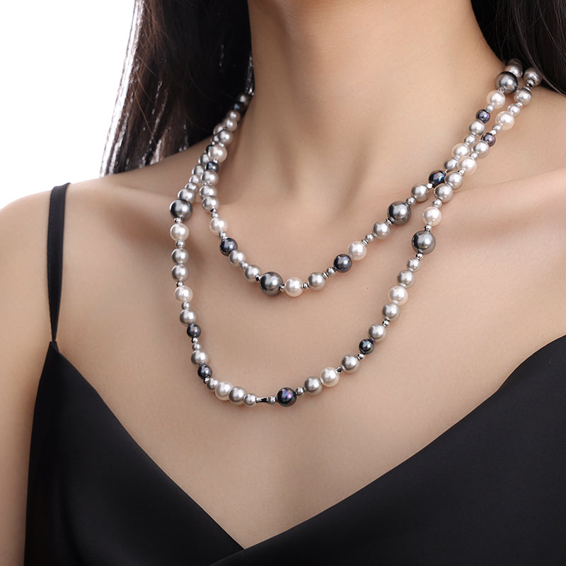 Long Silver Gold-plated Gray Pearl Necklace