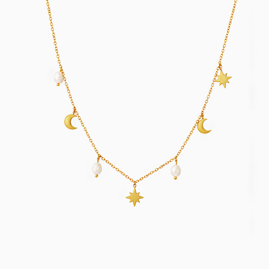 Star and Moon Pearl Charm Necklace