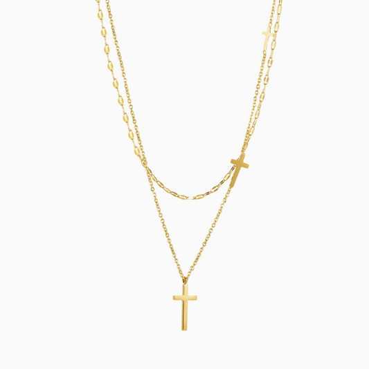 Yellow Gold Cross Charm Double-layer Necklace