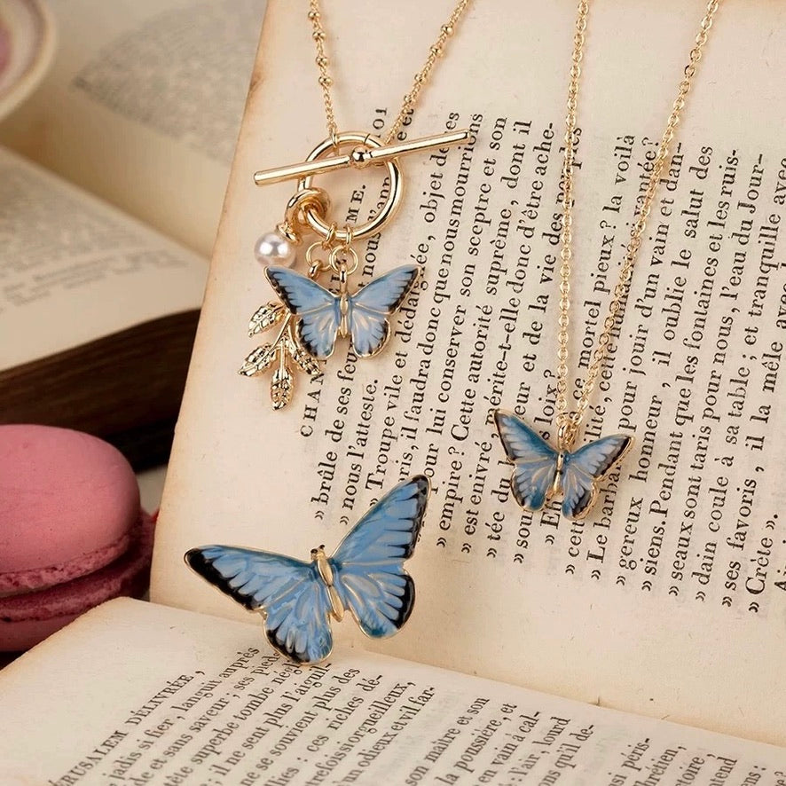 Blue Butterfly Enamel 18k Gold-plated Pendant Necklace