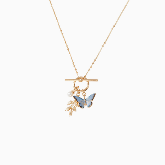 Retro Blue Butterfly Pearl Enamel 18k Gold-plated Pendant Necklace