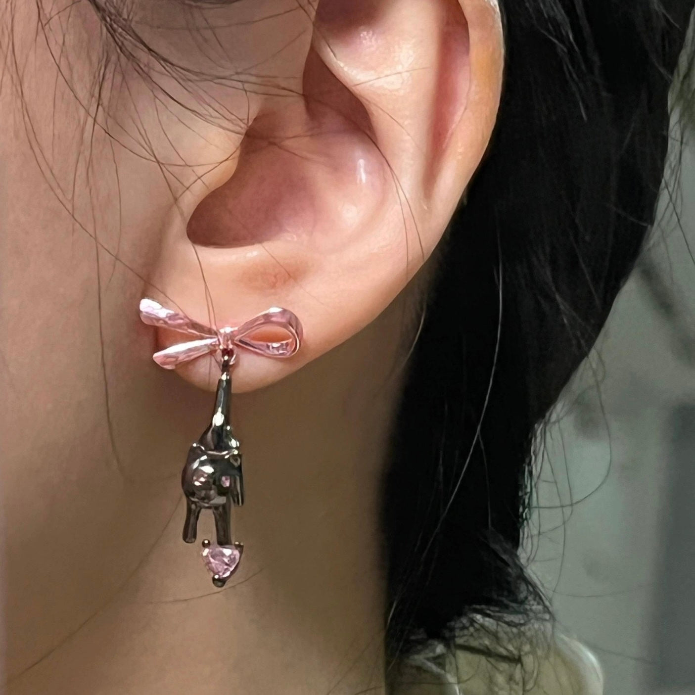 Pink Bow Kitty Earrings