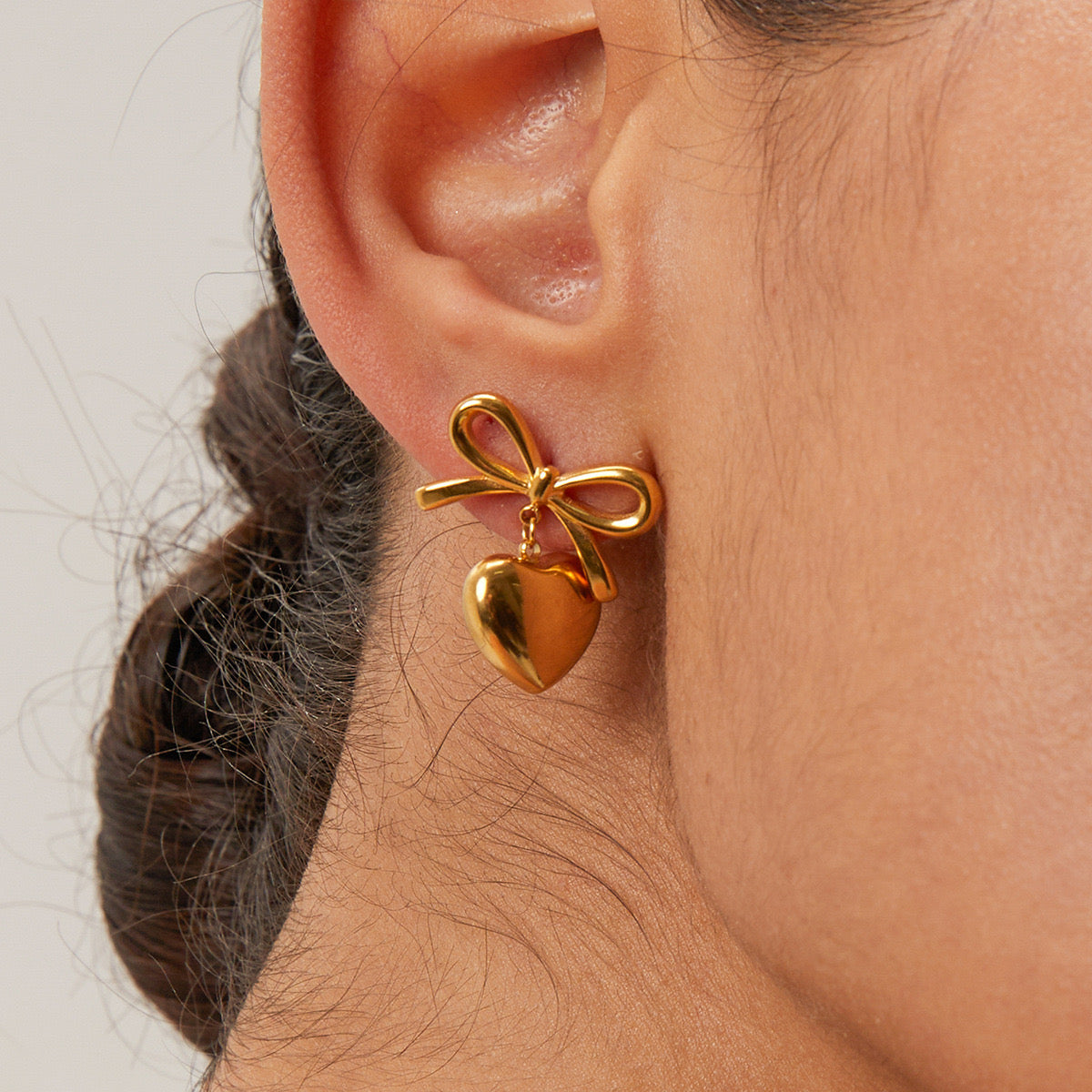 Yellow Gold Heart Bow Cute Girl Earrings