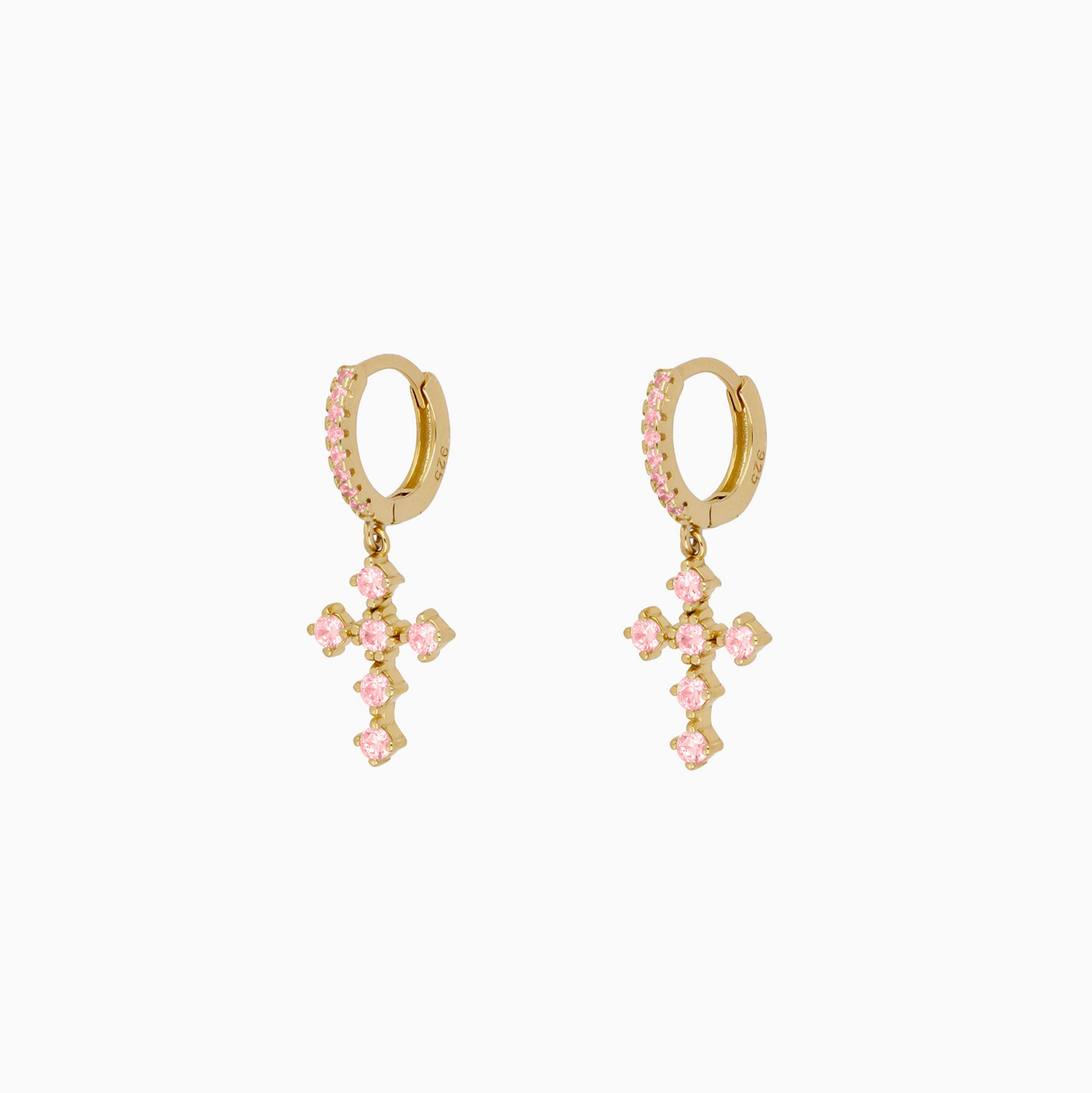 Yellow Gold Pink Cross Earrings