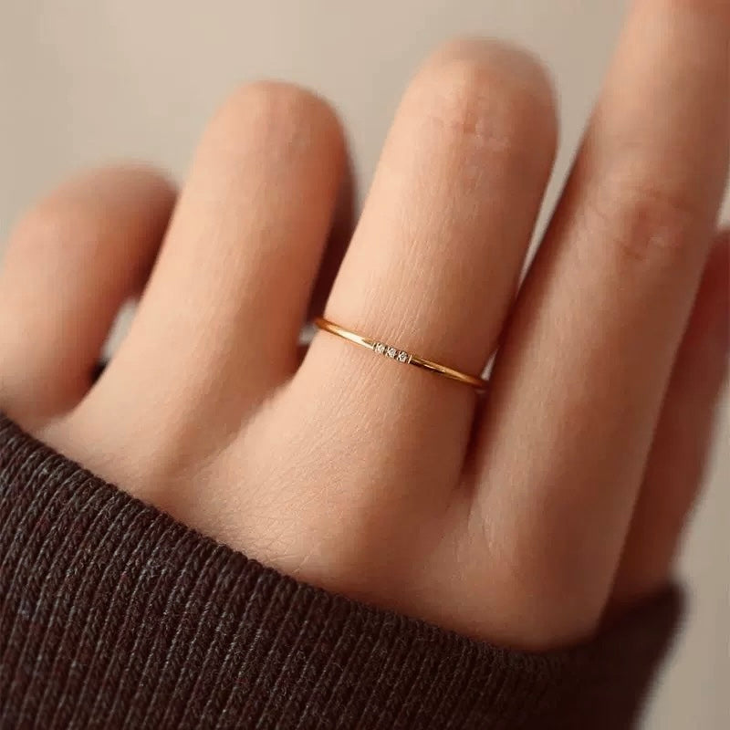 3 Stones Thin Yellow Gold Stack Ring